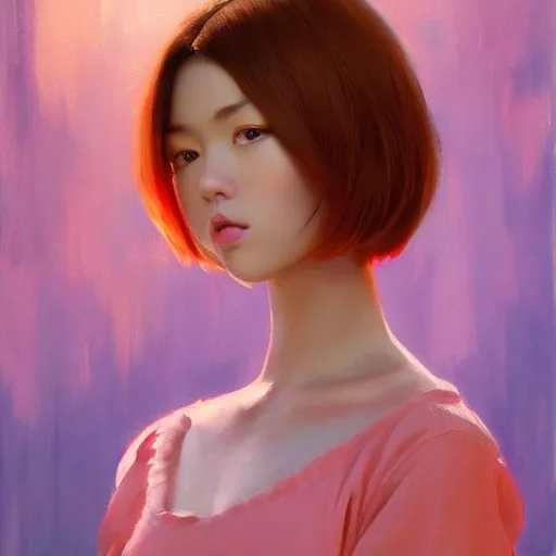 Image similar to oil painting by ilya kuvshinov,, baugh casey, rhads, coby whitmore, of a youthful japanese beauty, long hair, holding candied apple, outdoors, highly detailed, breathtaking face, studio photography, dawn, intense subsurface scattering, blush, supple look, innocence, intense sunlight