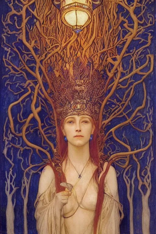 Image similar to queen of the forest with her lantern, by Annie Swynnerton and Nicholas Roerich and jean delville, dramatic cinematic lighting , ornate headdress , flowing robes, lost civilizations, extremely detailed