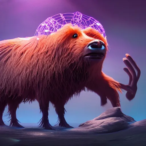 Image similar to yak, expressive eyes, floating, rbc, radiolaria, protophyta, micro - organisms, center frame, symmetric, rim light, marine microbiology, bioluminescence, electric, fur, soft, concept art, intricate details, highly detailed, colorful, photorealistic, disney pixar, octane render, iridescent, anime