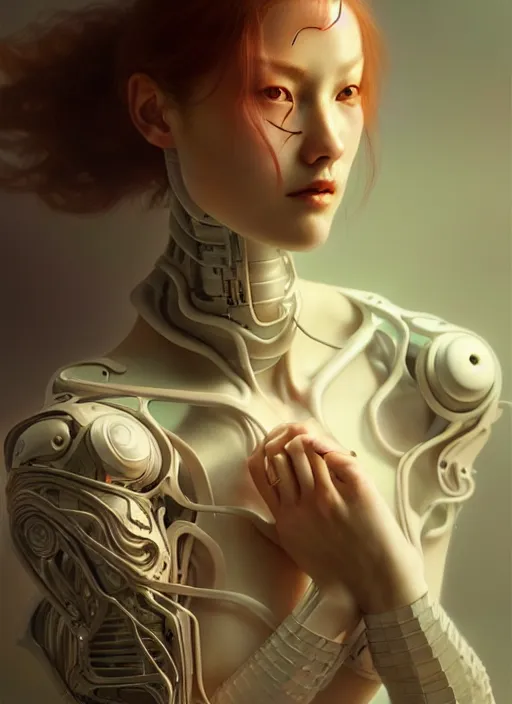 Prompt: ceramic cyborg, yuan, diffuse lighting, fantasy, intricate, elegant, highly detailed, lifelike, photorealistic, digital painting, artstation, illustration, concept art, smooth, sharp focus, art by John Collier and Albert Aublet and Krenz Cushart and Artem Demura and Alphonse Mucha