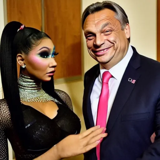 Prompt: viktor orban happy to pose for a photo with nicki minaj, highly detailed, hyper realistic