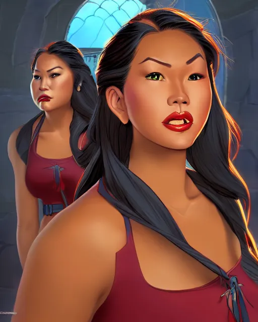 Image similar to welcoming heavy filipina - american woman character portrait, by don bluth, sci - fi environment, highly detailed, dynamic shadows, 4 k, wallpaper - 1 0 2 4