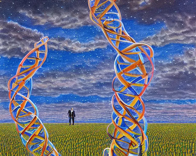 Image similar to in a field, two scientists in lab coats encounter a monster shaped like the DNA double helix, stormy weather, by Rob Gonsalves