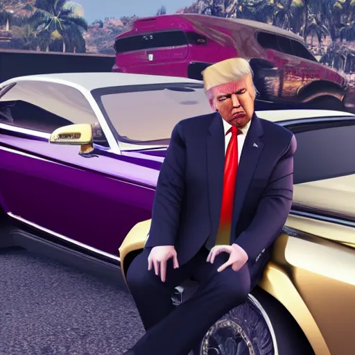 Prompt: donald trump sitting next to a roll's royce, gta 5 artwork, gold chain necklace, purple suit