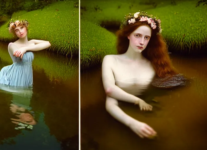 Image similar to Kodak Portra 400, 8K, soft light, volumetric lighting, highly detailed, britt marling style 3/4 ,portrait photo of a beautiful woman how pre-Raphaelites painter, the face emerges from the water of a pond with water lilies, inspired by Julie Dillon and John Everett Millais, a beautiful lace dress and hair are intricate with highly detailed realistic beautiful flowers , Realistic, Refined, Highly Detailed, natural outdoor soft pastel lighting colors scheme, outdoor fine art photography, Hyper realistic, photo realistic