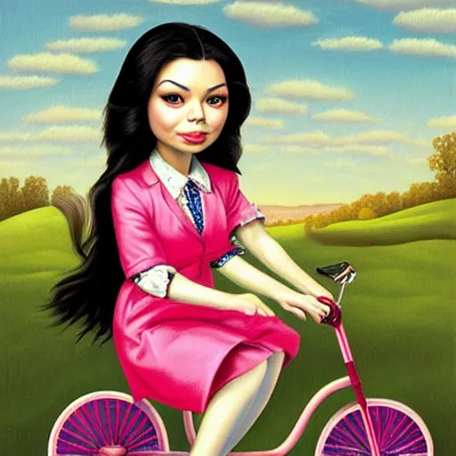 Image similar to Miranda Cosgrove on a tricycle, lowbrow painting by Mark Ryden and Artgerm