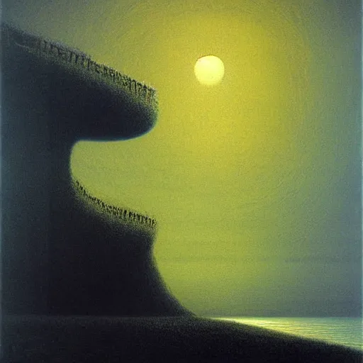 Image similar to moon fall over the ocean by zdzislaw beksinski, oil on canvas