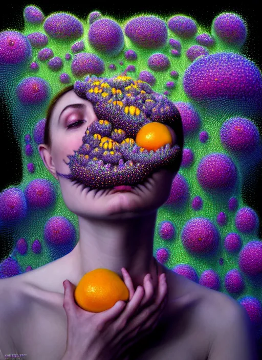 Image similar to hyper detailed 3d render like a Oil painting - Aurora (Singer) Eats of the Strangling Fruit of penance open eyes and Her Hands full of gossamer polyp blossoms bring iridescent fungal flowers whose spores black the foolish stars by Jacek Yerka, Mariusz Lewandowski, Houdini algorithmic generative render, Abstract brush strokes, Masterpiece, Edward Hopper and James Gilleard, Zdzislaw Beksinski, Mark Ryden, Wolfgang Lettl, hints of Yayoi Kasuma, octane render, 8k