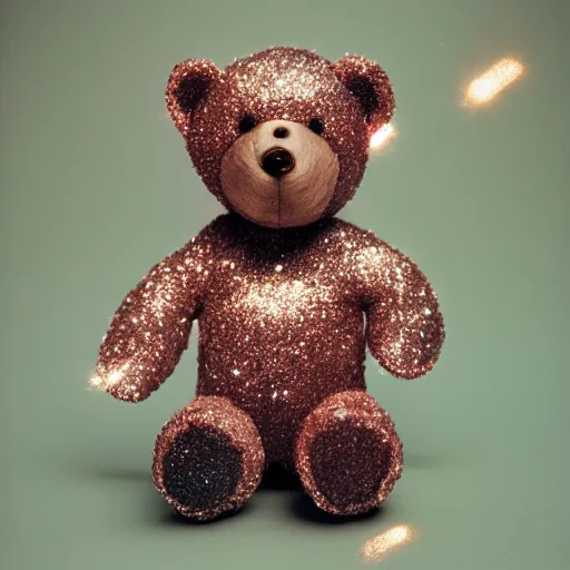 Image similar to a teddy bear made out of glitter and stardust, ultra detailed, cinestill 8 0 0