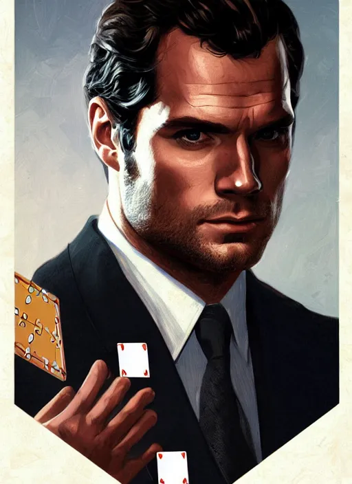 Image similar to portrait of henry cavill as james bond, casino, falling poker cards, key art, highly detailed, digital painting, artstation, concept art, cinematic lighting, sharp focus, illustration, art by artgerm and greg rutkowski and alphonse mucha