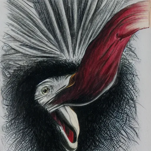 Image similar to human / eagle hybrid with one big beak, drawn by francis bacon