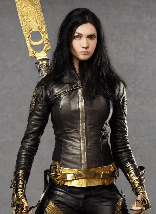 Image similar to black haired woman in a leather jacket, with a gold and silver intricate sword, action pose, movie scene, highly detailed, intricate, face enhance, long sharp intricate sword, trending on artstation, action pose