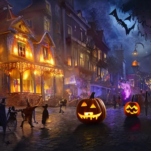 Prompt: halloweentown celebration with halloween creatures and colorful fireworks, volumetric lighting, 8 k octane beautifully detailed render, post - processing, extremely hyper - detailed, intricate, epic composition, cinematic lighting, masterpiece, trending on artstation, detailed detailed detailed, masterpiece, stunning art by anders zorn, wonderful masterpiece by greg rutkowski, beautiful cinematic light,