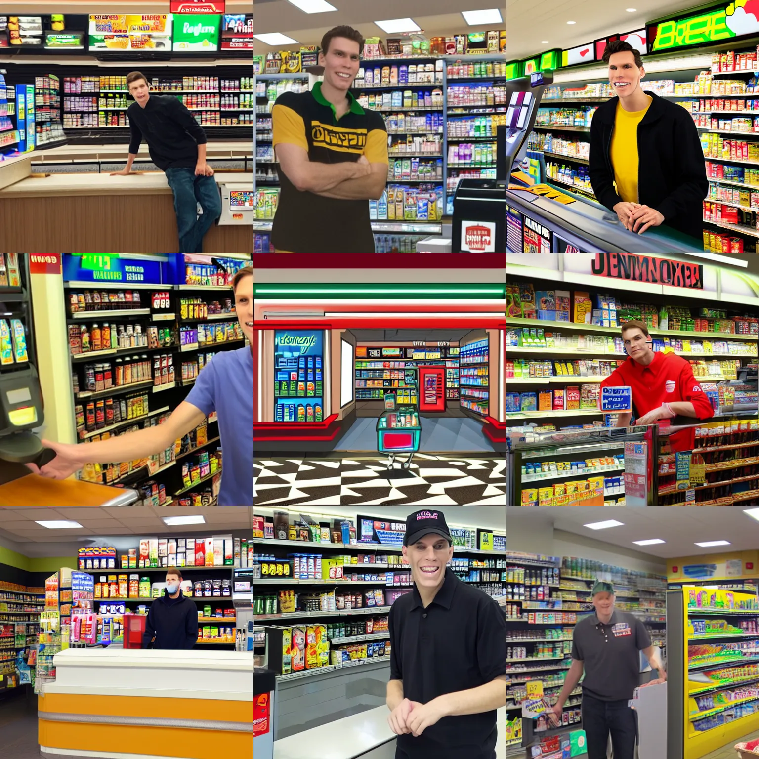Prompt: Jerma985 robbing a 711 cashier, convenience store interior background, Jerma