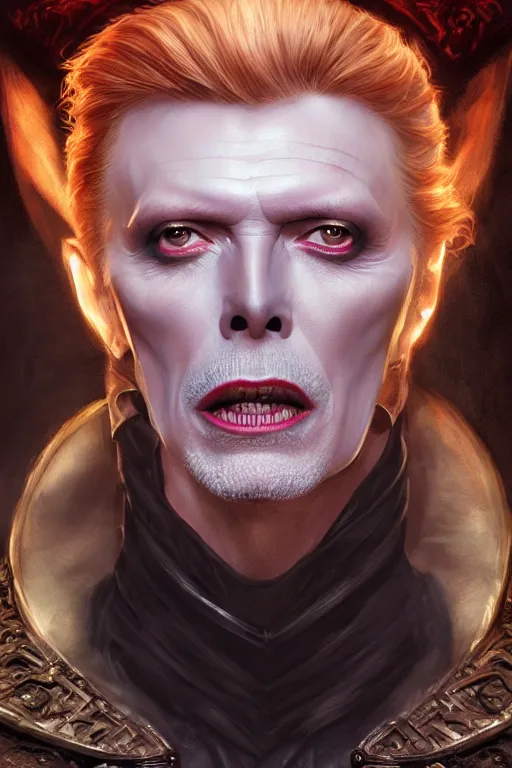 Image similar to ultra realistic illustration, vampire king david bowie from diablo and baldurs gate, intricate, elegant, highly detailed, digital painting, artstation, concept art, smooth, sharp focus, illustration, art by artgerm and greg rutkowski and alphonse mucha