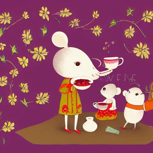 Image similar to russian mouse drinks tea from samovar with her little children, children book illustration, 9 k