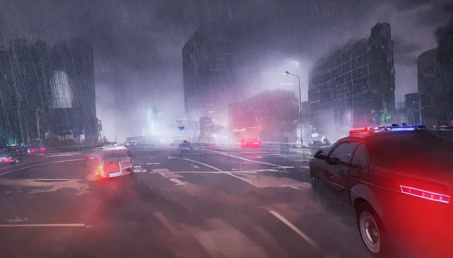 Image similar to cop car with sirens crossing washington dc during storm with tornado destroying the city, debris, hyperdetailed, artstation, cgsociety, 8 k