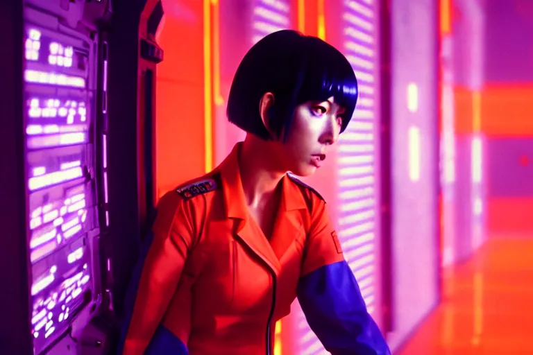 Image similar to major motoko wearing an orange prison jumpsuit, a giant blue hologram of a screaming child in the background, photography by fred palacio medium full shot still from bladerunner 2 0 4 9, sci fi, bladerunner, canon eos r 3, f / 3, iso 2 0 0, 1 / 1 6 0 s, 8 k, raw, unedited