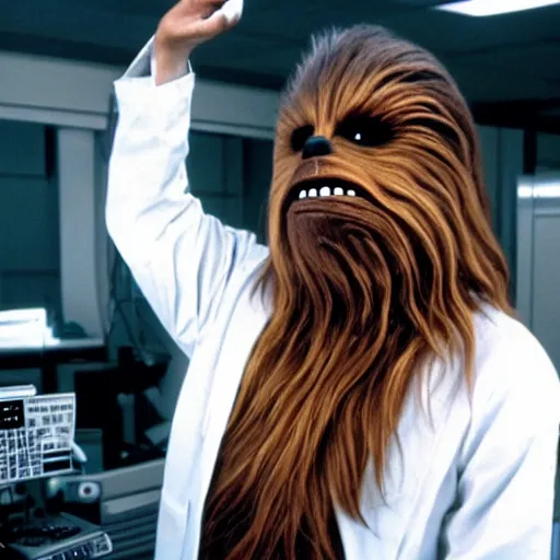 Image similar to chewbacca in the role of nurse from doctor haus movie, medical dress, white lab coat, detailed, demical outfit, in the lab, film still