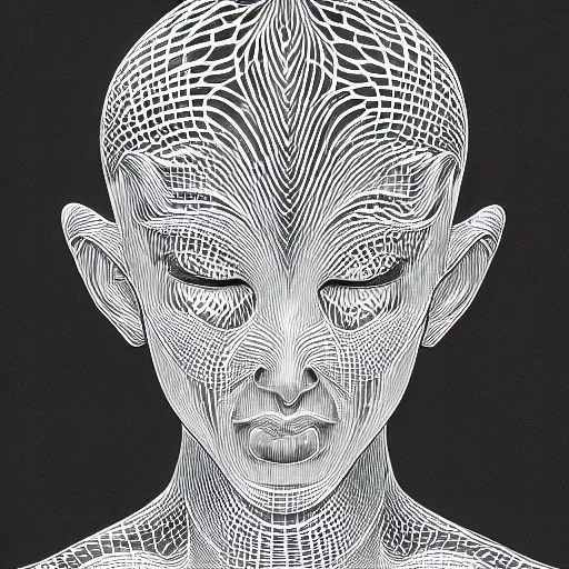 Image similar to holographic headset interface painted in alex grey and chris dyer style drawn by takato yamamoto, inspired by ooioo and sorayama and ikeuchi, intricate 3 d sculpture, black and white, 3 d, high detail, sharp high detail, artstation, octane