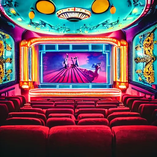 Prompt: an ornate art deco movie theater, dslr, beautiful, colorful,