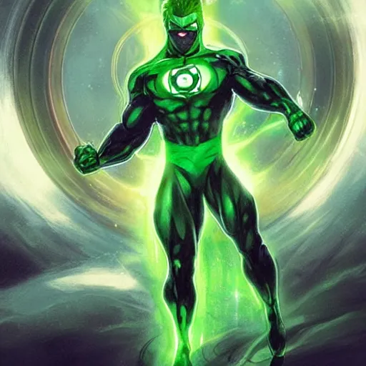 Image similar to Green Lantern summoning a car, artists portrait, fantasy, highly detailed, digital painting, concept art, sharp focus, depth of field blur, illustration, art by artgerm and greg rutkowski and alphonse mucha