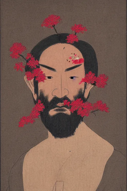 Image similar to a Japanese man's face in profile, long beard, made of crimson flowers and stone fruit, in the style of the Dutch masters and Gregory crewdson, dark and moody