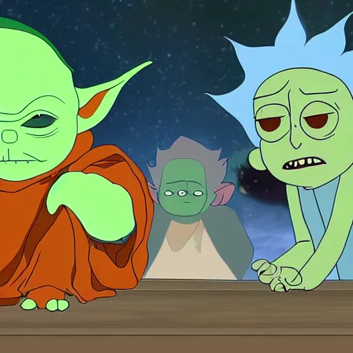 Image similar to Baby Yoda and Rick Sanchez meet in Rick and morty together digital art 4k detailed super realistic