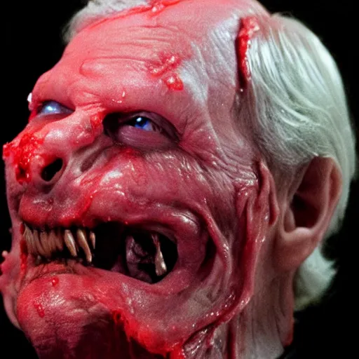 Image similar to the melting slimy face of villain mitch mcconnell horror flesh monster. horror film production photograph.