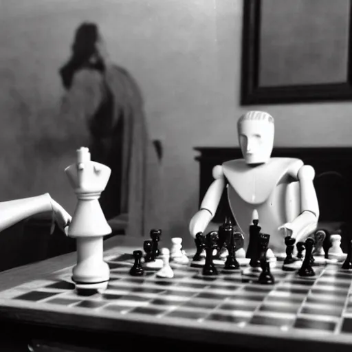 Image similar to ludwig wittgenstein and a humanoid robot, playing chess, dramatic angle