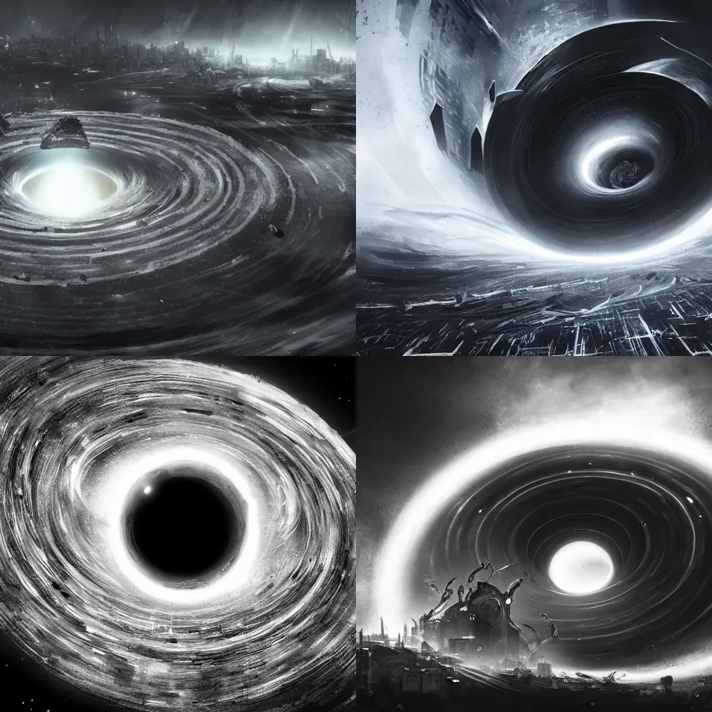 Prompt: logo black hole with accretion disk rises above the city destroying it with a shockwave, digital art, black and white, art by greg rutkowski, gonzalo fuenmayor, asher brown durand