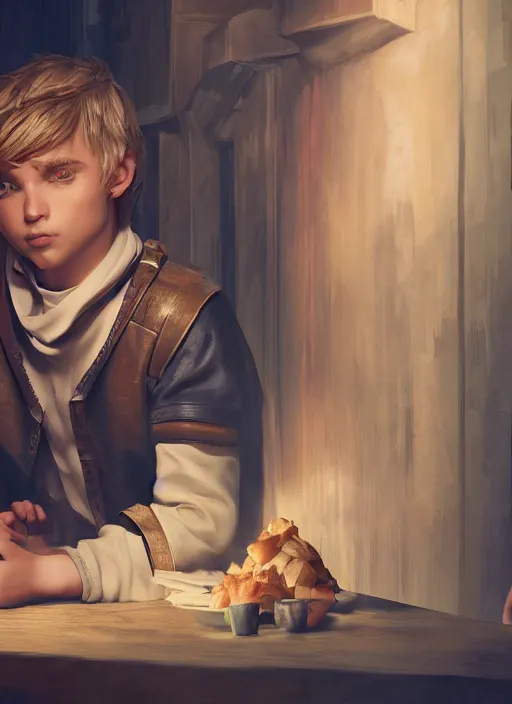 Image similar to An epic fantasy comic book style portrait painting of a young blonde boy thief in a tavern, unreal 5, DAZ, hyperrealistic, octane render, cosplay, RPG portrait, dynamic lighting