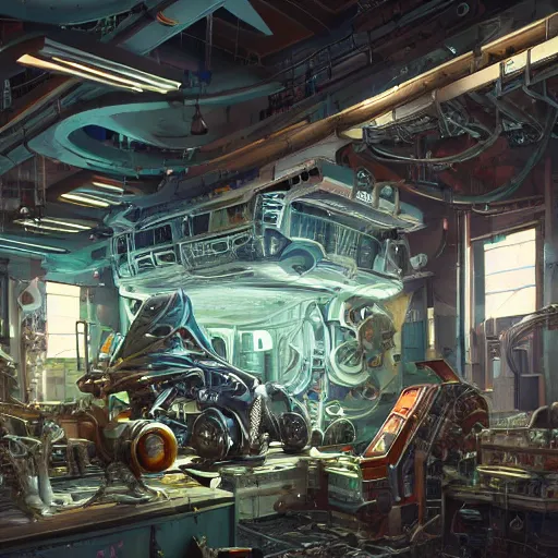 Prompt: he inside of a futuristic mechanic workshop, highly detailed interior, scrap metal on workbenches, half - finished robot, mechanical bugs in a display case, holographic screen in center frame by peter mohrbacher, trending on artstation, cryengine render, 8 k