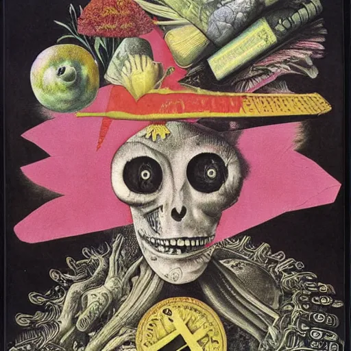 Image similar to post - punk new age album cover, asymmetrical design, dollar bank notes, capitalism, magic, apocalypse, psychedelic, black white pink, magic, giger h. r., giuseppe arcimboldo