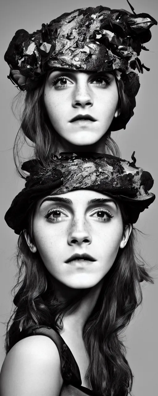 Image similar to Emma Watson closeup face with pouting lips, shoulders very long hair hair wearing an oversized Beret, wearing a mandelbrot fractal biomechanical sculpture mask, elegant Vogue fashion shoot by Peter Lindbergh fashion poses detailed professional studio lighting dramatic shadows professional photograph by Cecil Beaton, Lee Miller, Irving Penn, David Bailey, Corinne Day, Patrick Demarchelier, Nick Knight, Herb Ritts, Mario Testino, Tim Walker, Bruce Weber, Edward Steichen, Albert Watson