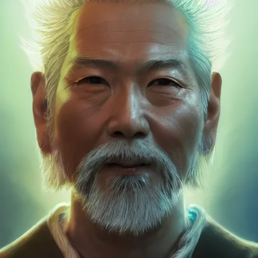 Image similar to portrait painting of a 6 0 year old kind handsome taoist priest, silver ponytail hair, amiable by yangjun chen, huang guangjian, fenghua zhong, wenjun lin, nadar, bright colors, octopath traveler, unreal engine 5 highly rendered, global illumination, radiant light, detailed and intricate environment