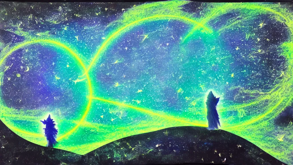 Image similar to night time visionary 8k mixed media of a nocturnal brocken spectre in the folded sky, filled with stars, starlight, moonlight, above the mystical green hill, occult, immanence, awe sublime, volumetric lighting