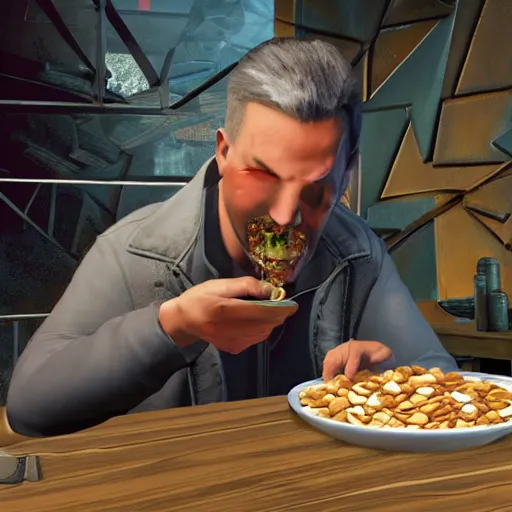 Prompt: jc denton from deus ex videogame eats cereal at a table near liberty island, highly detailed, 4 k, hd