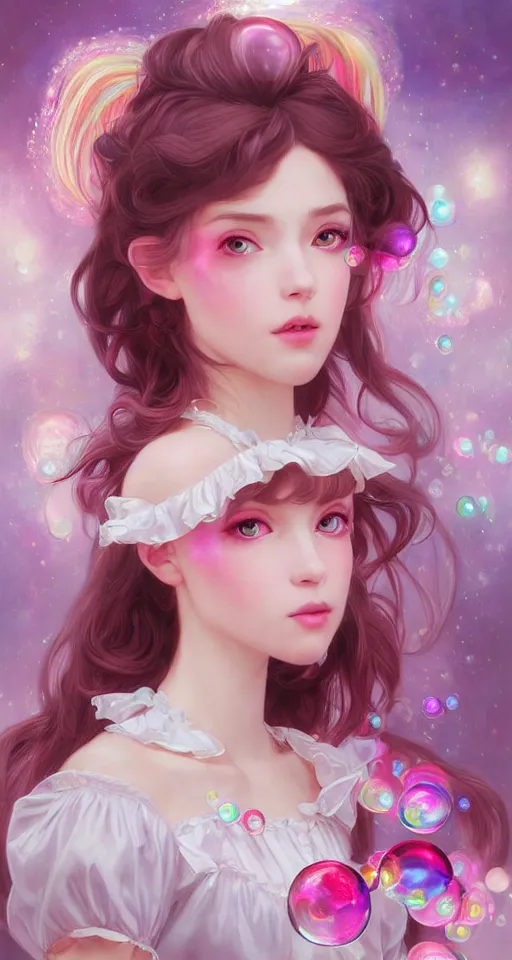 Prompt: dream portrait of magical lolita girl, dreamy and ethereal, expressive pose, big pink eyes, exciting expression, fantasy, intricate, elegant, many rainbow bubbles, rose tones, highly detailed, digital painting, artstation, concept art,cyberpunk wearing, smooth, sharp focus, illustration, art by artgerm and greg rutkowskiand alphonse mucha,