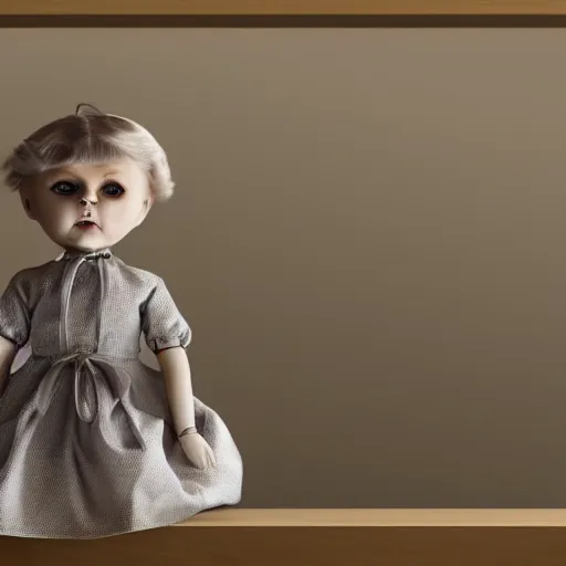 Prompt: creepy doll sitting on shelf, staring at camera, 8 k, photorealistic, dark