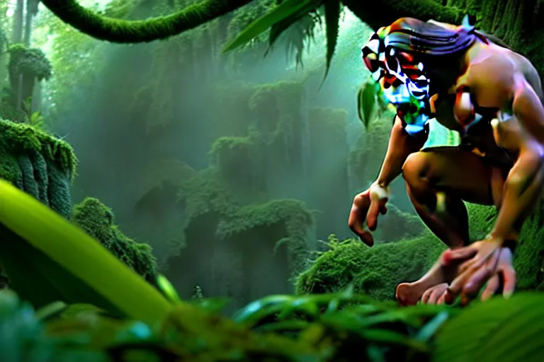 Prompt: tarzan, screenshot in a typical 3 d pixar movie, disney infinity 3 star wars style, volumetric lighting, subsurface scattering, photorealistic, octane render, josh black