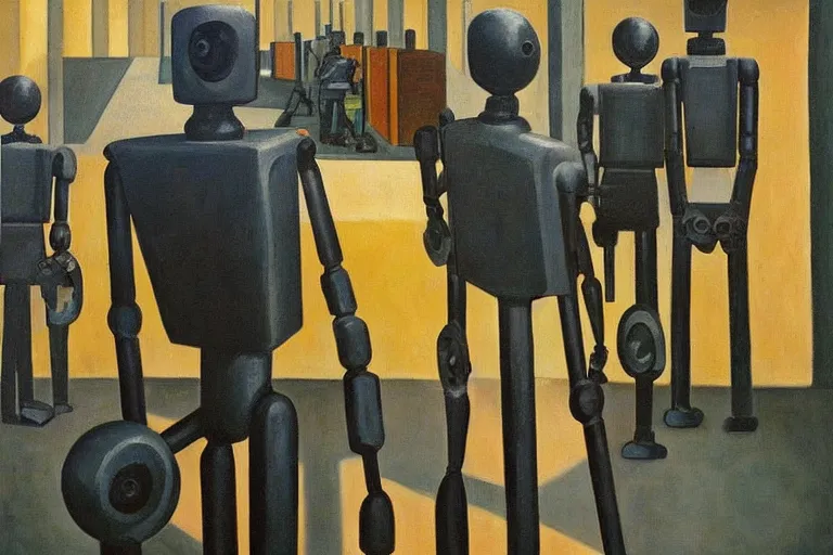 Image similar to drab slave human workers building robots, watched by fascist robots, brutalist factory, dystopian, pj crook, edward hopper, oil on canvas