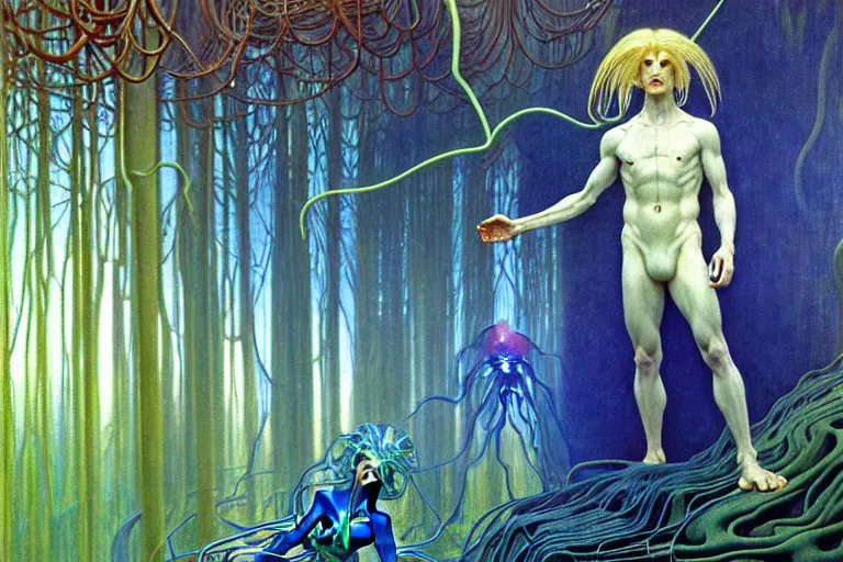 Image similar to realistic detailed portrait painting of a beautiful ghost man with blond hair with an alien, futuristic sci-fi forest on background by Jean Delville, Amano, Yves Tanguy, Alphonse Mucha, Ernst Haeckel, Edward Robert Hughes, Roger Dean, rich moody colours, blue eyes