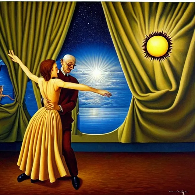 Prompt: an oil on canvas portrait of a couple dancing and the sun is shining through the window, surrealism, surrealist, lovecraftian, cosmic horror, rob gonsalves, high detail