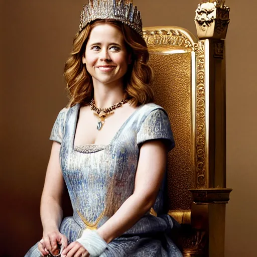 Prompt: Jenna Fischer in Roman queen clothes, sitting on throne, holding court, Norman Rockwell