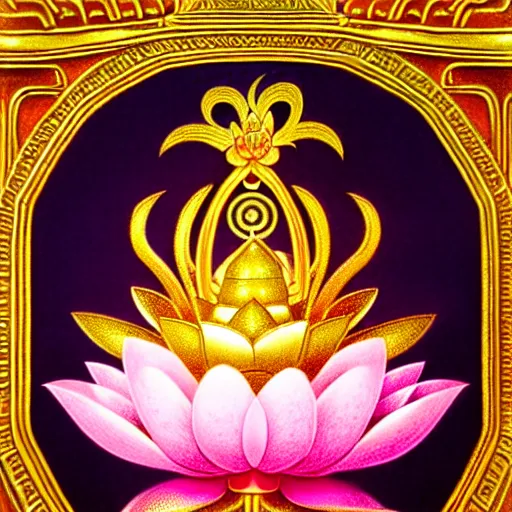 Image similar to a pastel illustration in the style of noriyoshi ohrai and mark tedin of an ancient holy gilded metal lotus artifact that sits in a temple on pillow. key art. 4 k retrofuturistic fantasy