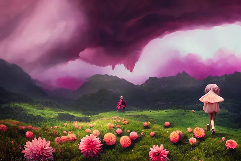 Image similar to giant dahlia flower crown head, young girl walking on mountain, surreal photography, pink storm clouds, dramatic light, impressionist painting, digital painting, artstation, simon stalenhag