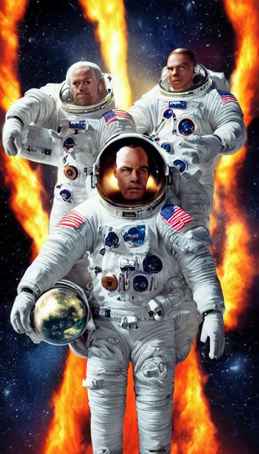 Image similar to movie poster of astronauts, saturn, highly detailed, hyper realistic, large text, fifth element style