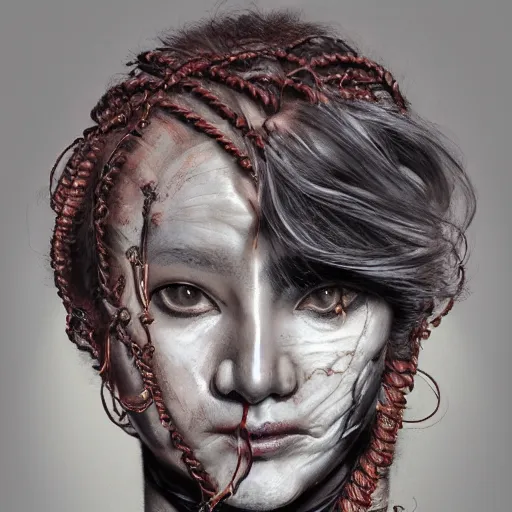 Image similar to portrait of a Shibari rope wrapped face and neck, headshot, insanely nice professional hair style, dramatic hair color, digital painting, of a old 15th century, old cyborg merchant, amber jewels, baroque, ornate clothing, scifi, realistic, hyperdetailed, chiaroscuro, concept art, art by Franz Hals and Jon Foster and Ayami Kojima and Amano and Karol Bak,