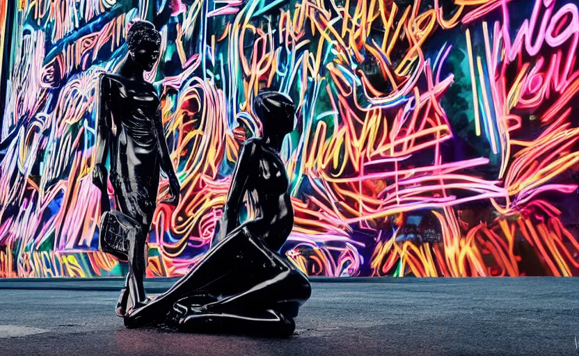 Image similar to night time photo of billboard advertisement of extremely beautiful female black marble statue in the style of virgil abloh, colorful motocross logos behind her, sharp focus, clear, detailed,, cinematic, detailed, off white, glamourous, symmetrical, vogue, editorial, fashion, magazine shoot, glossy